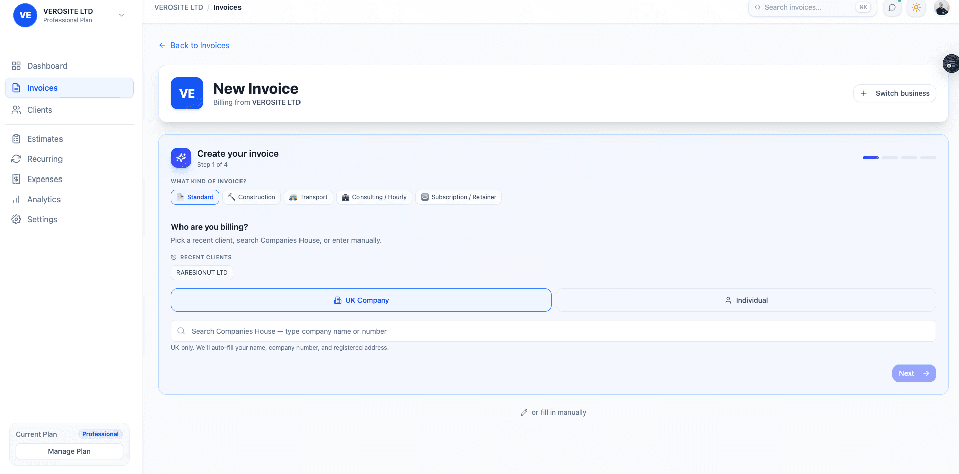AI-powered invoice creation — search Companies House by name or number to autofill UK business details, or enter them manually.