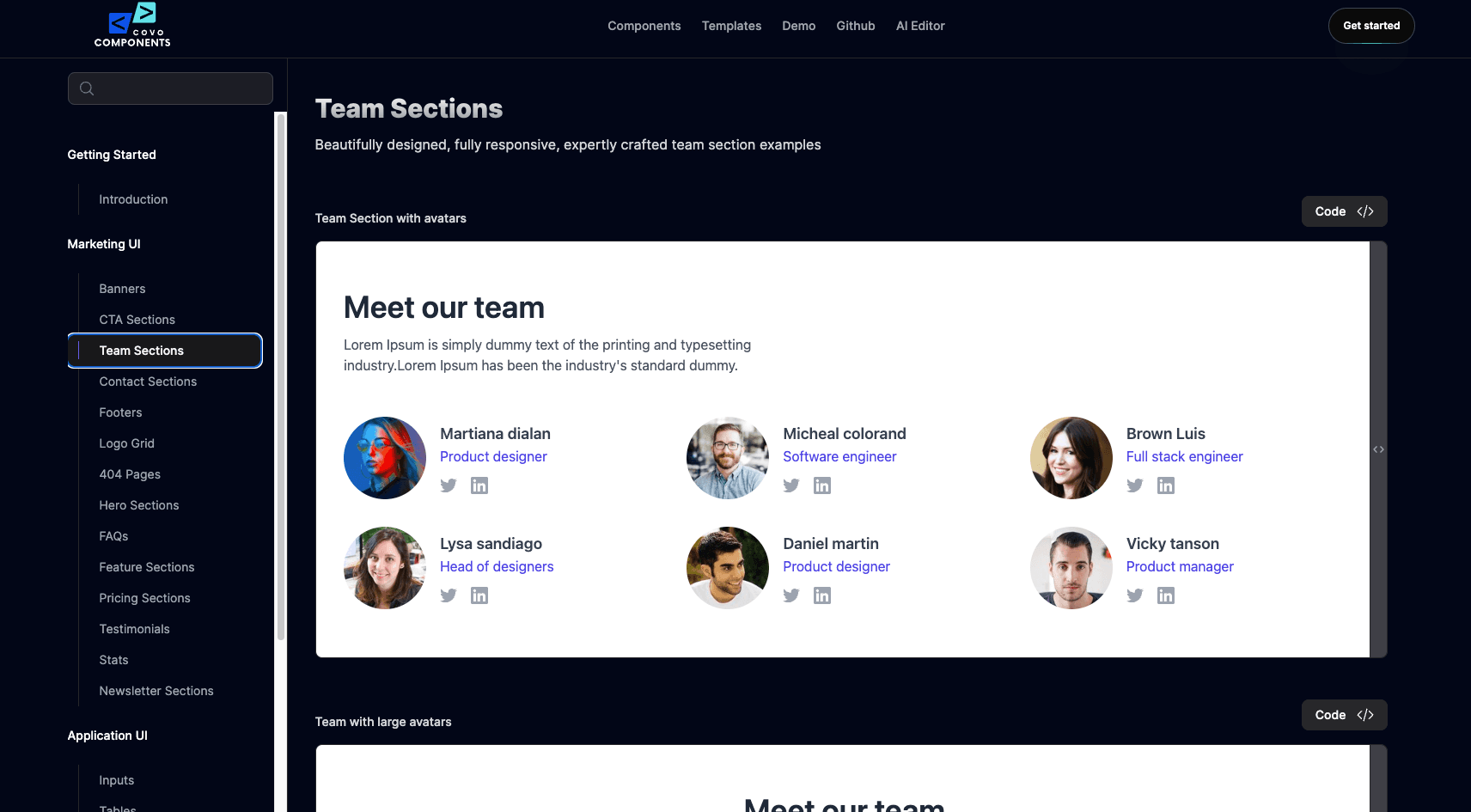 Browsable component library — Team Sections, Hero Sections, FAQs, Pricing, and more, each ready to copy into a Next.js, React, Vue, or Svelte project.